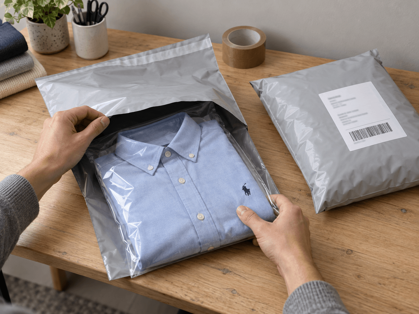 Neatly packed parcel with folded menswear ready for tracked shipping